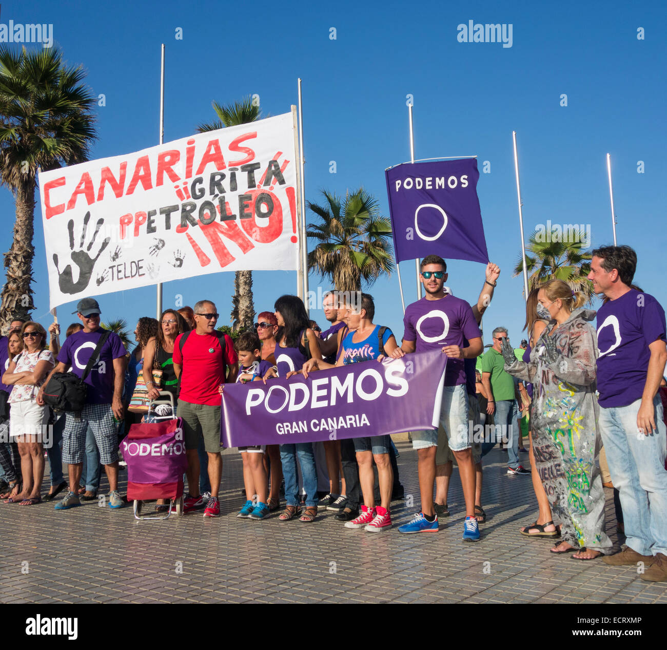 Spagnolo nuovo partito politico, "podemos' (possiamo), prendendo parte anti oil exploration marzo a Las Palmas de Gran Canaria, Spagna Foto Stock