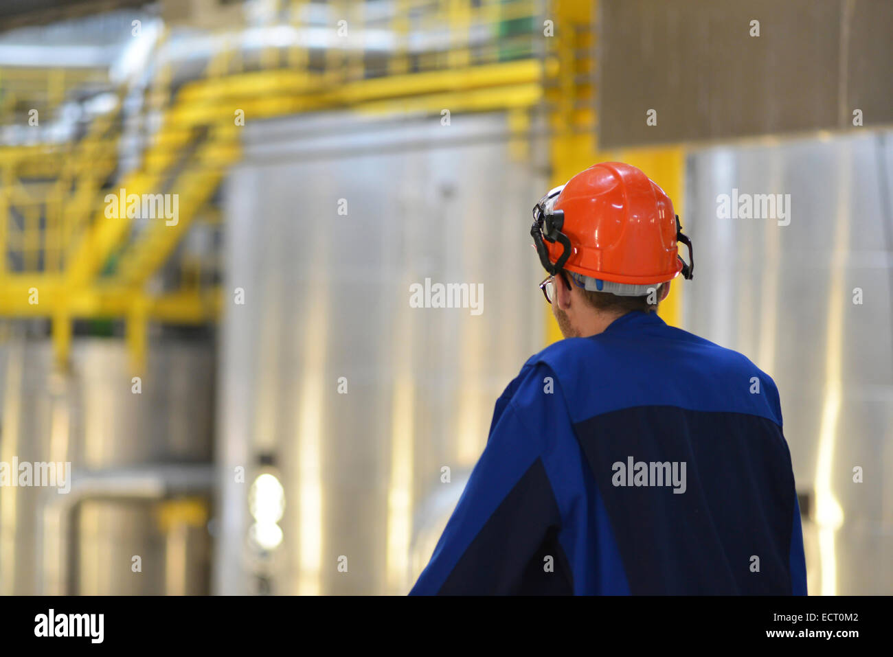 Uomo con casco di sicurezza in un mulino per lo zucchero Foto Stock