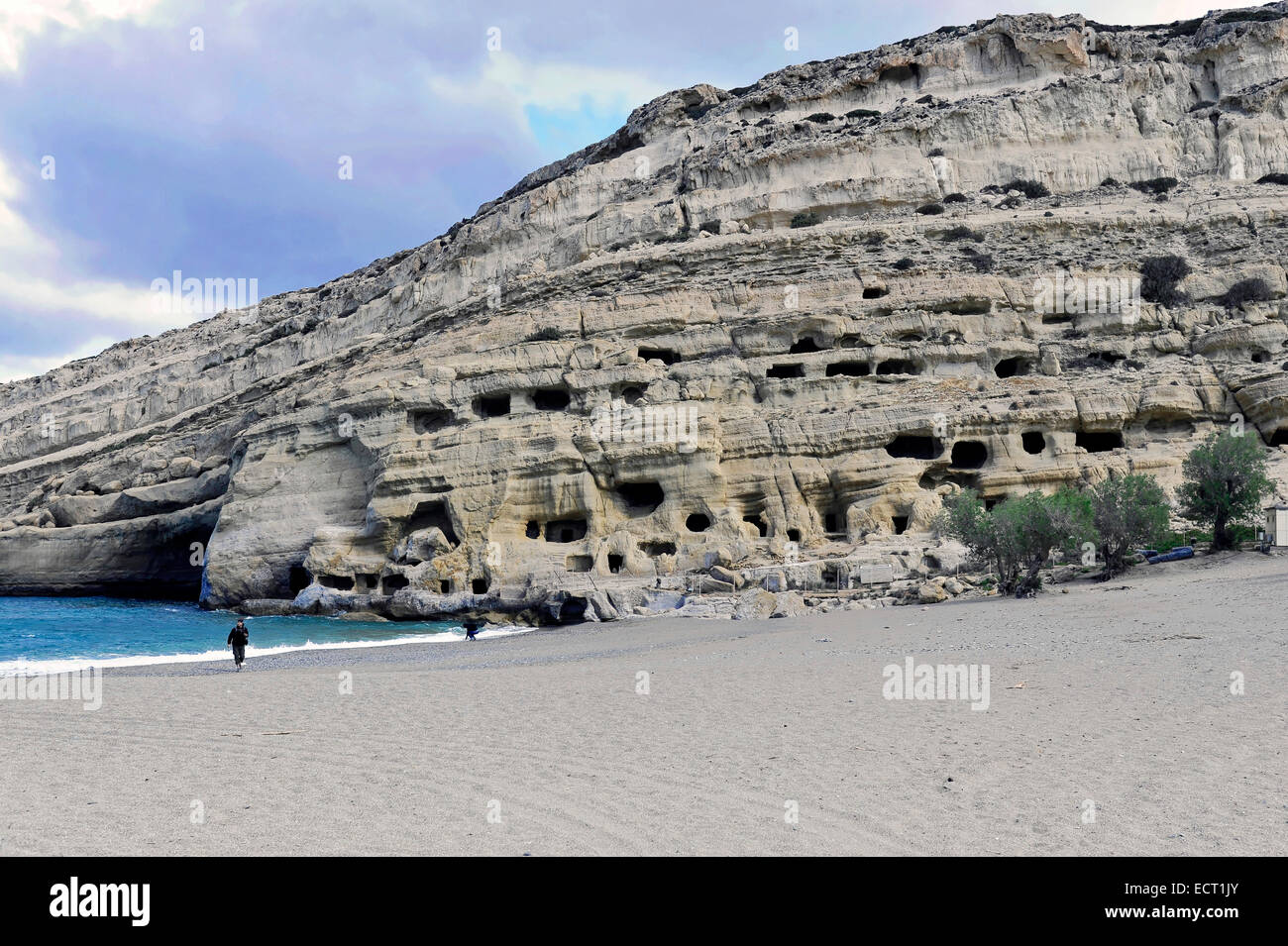 Grotte di roccia, grotte, la spiaggia di Matala, Matala, Creta, Grecia Foto Stock