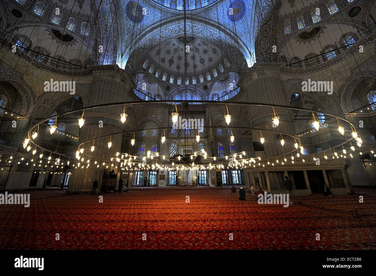 Sala di Preghiera con tappeto rosso, Sultan Ahmed Moschea Sultanahmet, Istanbul, Turchia Foto Stock