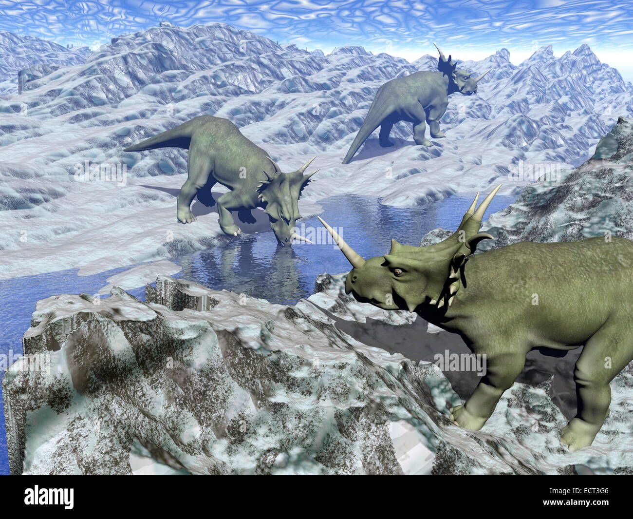 Tre styracosaurus dinosauri nel deserto gelido paesaggio con acqua blu dal giorno Foto Stock