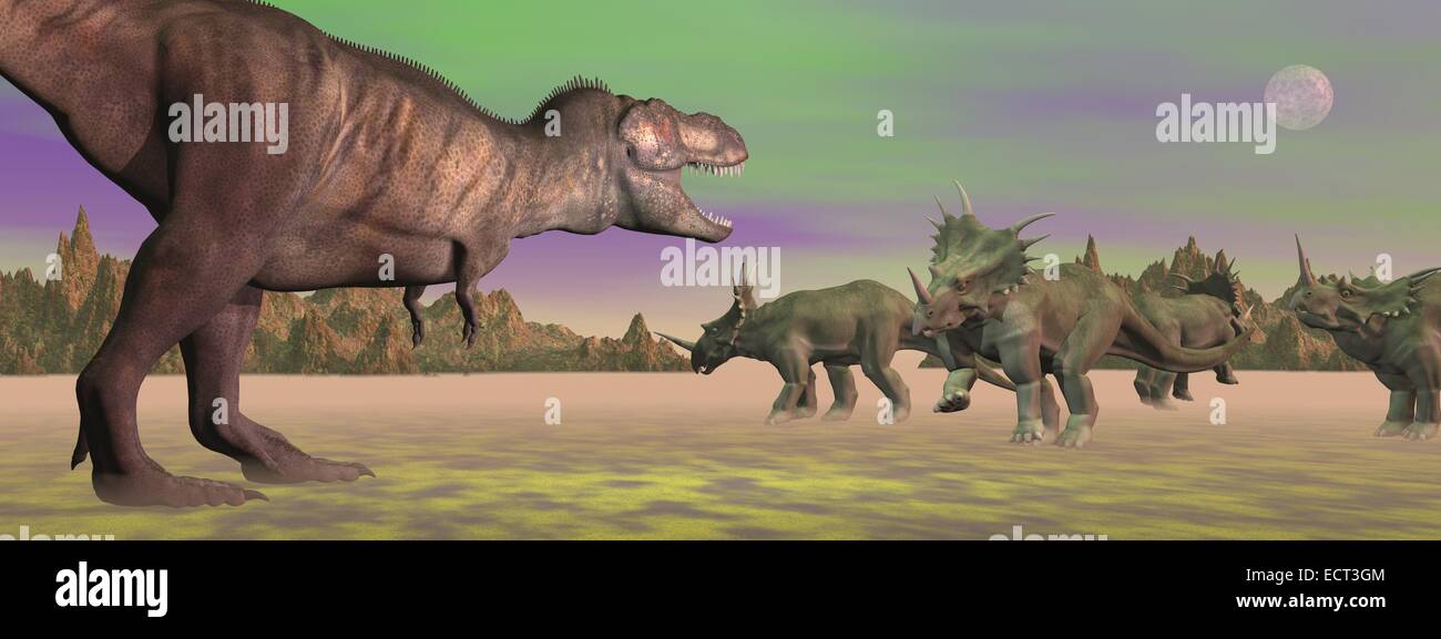 Tirannosauro attaccando styracosaurus dinosauri nel deserto paesaggio dal verde della luce della luna piena Foto Stock