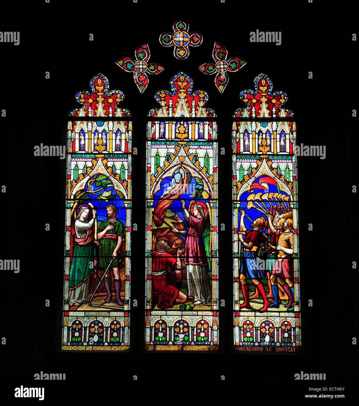 Vetrata, storia di Gedeone, con angelo, cibo consumato dal fuoco, esercito con trombe e da Thomas Ward, 1867, Ely Foto Stock