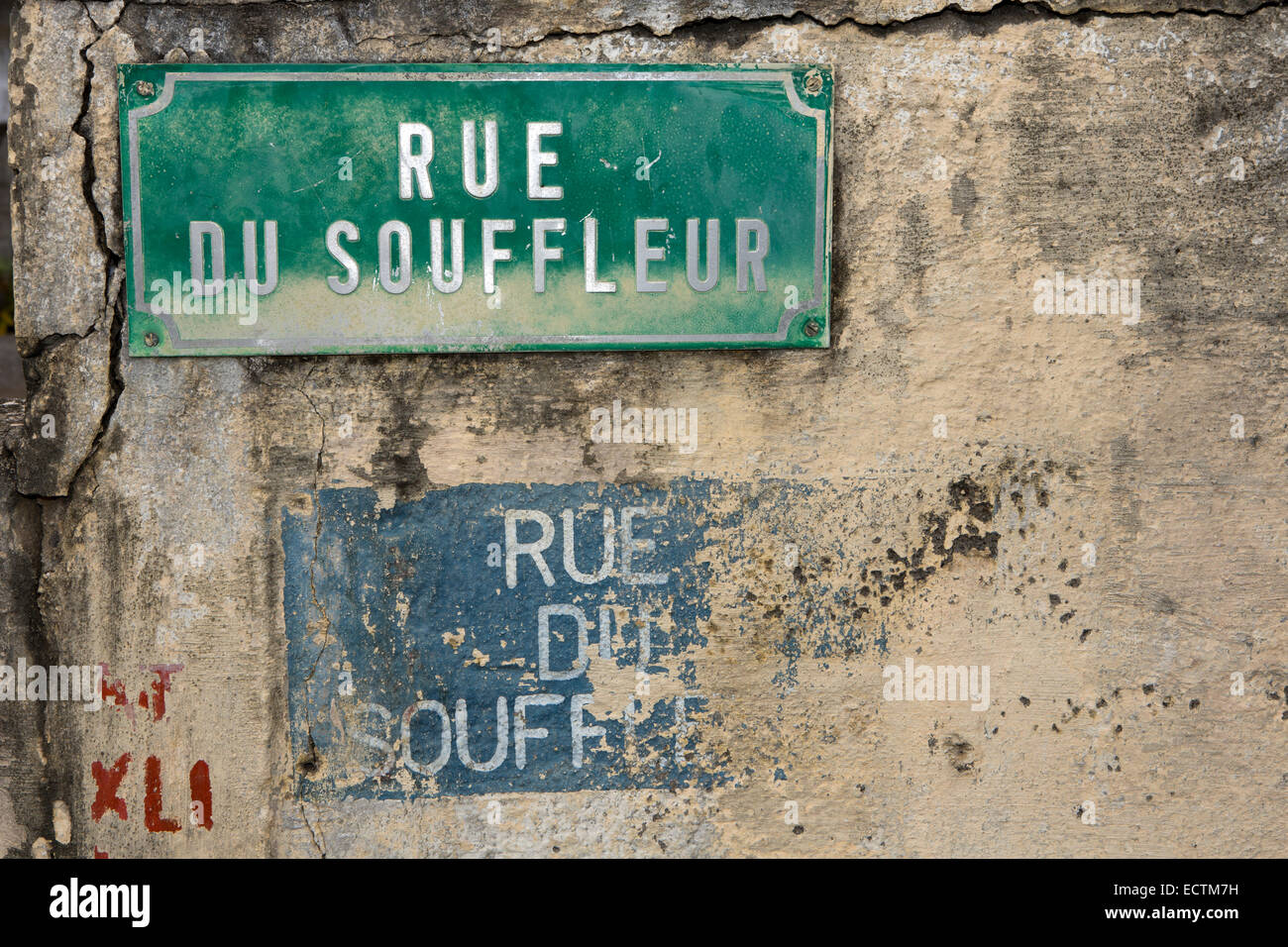 Maurizio, Mahebourg, Rue du Souffleur, lingua francese della segnaletica stradale Foto Stock