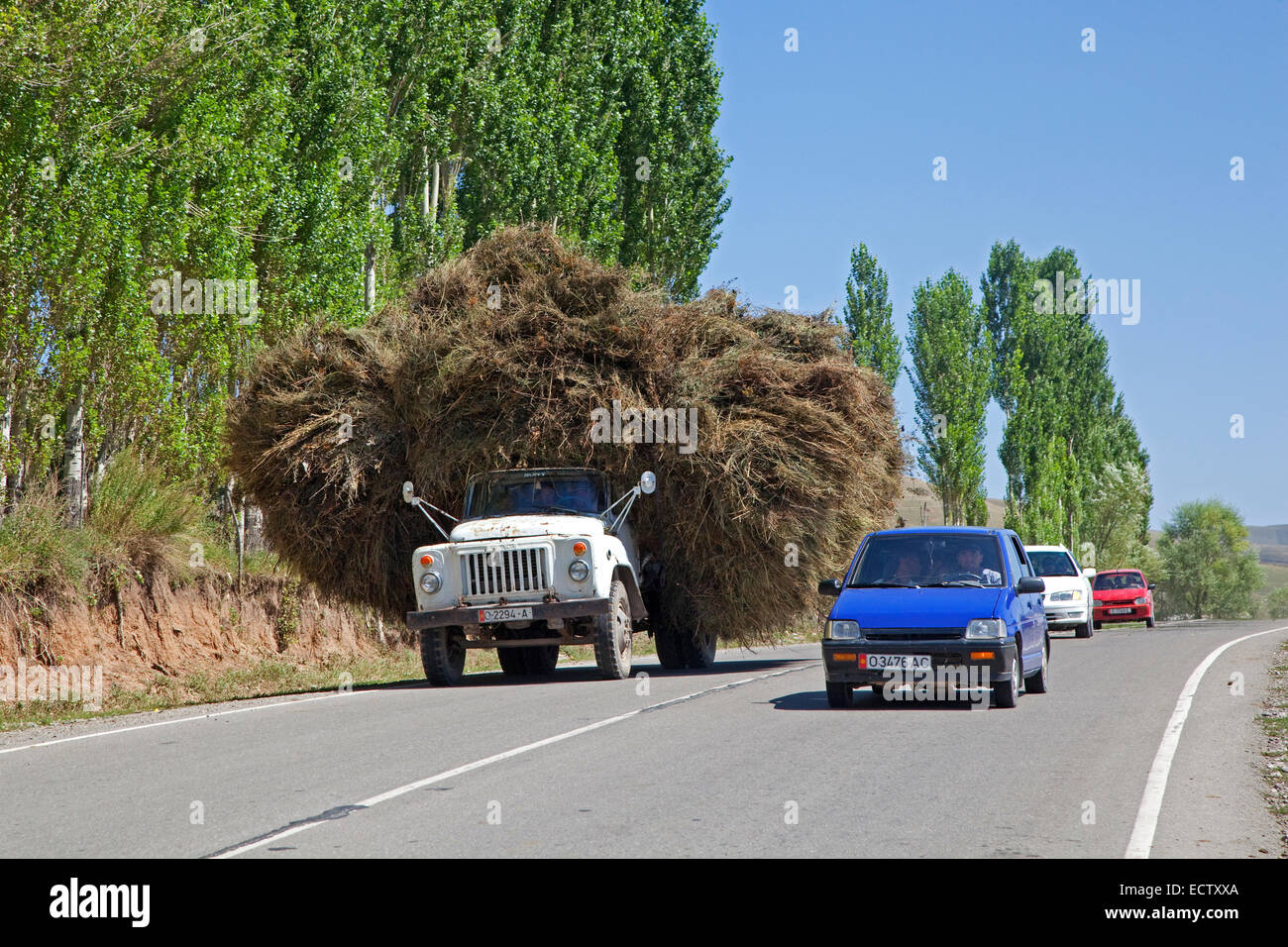 Carrello elevatore con un carico di fieno sulla strada da Osh a Sary Tash in Kirghizistan Foto Stock