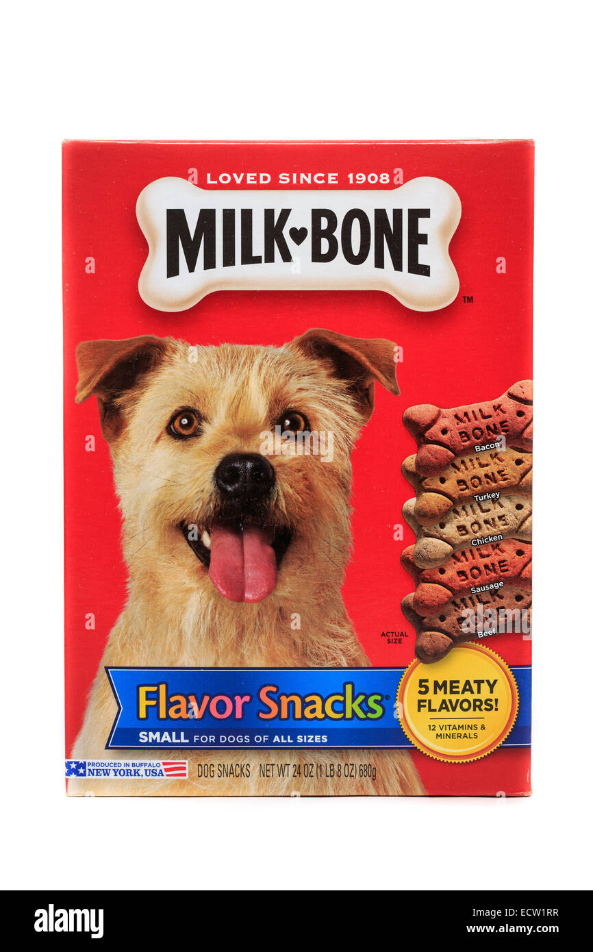 Del Monte Foods Milk-Bone marca biscotti cane isolato su bianco Foto Stock