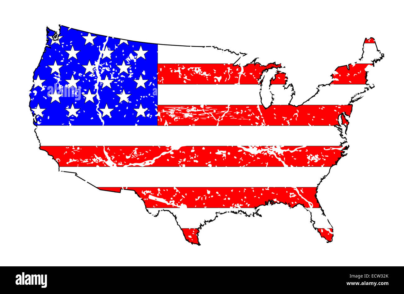 Un contorno silhouette mappa degli Stati Uniti d'America che mostra le stelle e strisce di bandiera sotto su uno sfondo bianco wit Foto Stock