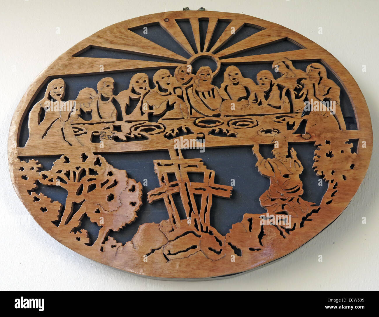 Legno intagliato ultima cena scena da St Marys Ardley, Oxfordshire, England, Regno Unito Foto Stock