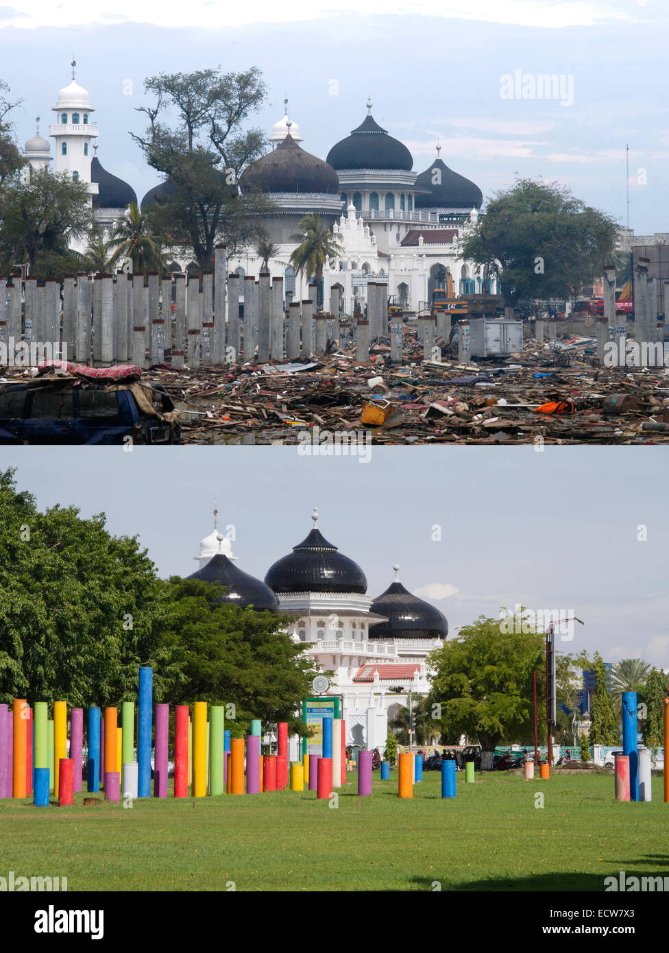 In questa immagine composita è stato effettuato un confronto tra una scena in 2005 (TOP) e 2014 (fondo) ***immagine superiore*** BANDA ACEH, INDONESIA - 4 gennaio: devastazione di fronte Mesjid Raya moschea Baiturrahman dopo lo tsunami a Banda Aceh, Indonesia -150 miglia dall Asia meridionale il forte terremoto che ha colpito la epicentro martedì 4 gennaio 2005. Banda Aceh, Indonesia. ***Immagine inferiore*** BANDA ACEH, INDONESIA - 12 dicembre: Taman Sari parcheggiare di fronte Mesjid Raya moschea Baiturrahman prima di dieci anni di anniversario del 2004 il terremoto e lo tsunami del 12 dicembre 2014 nella città di Banda Aceh, Indonesia. Ac Foto Stock