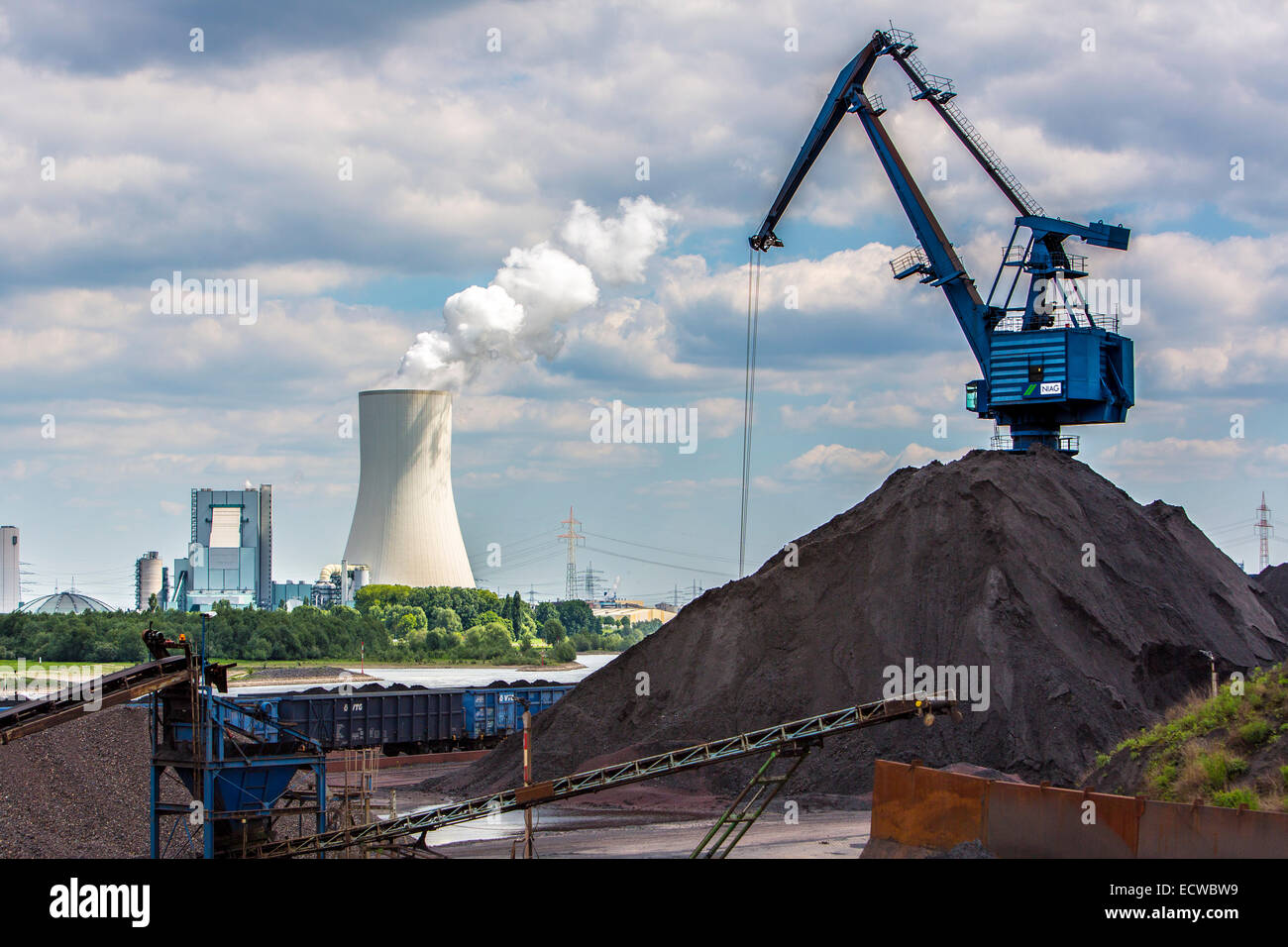 Il carbone carico nel porto Orsoy sul Reno, attraversata da Duisburg Walsum, Foto Stock