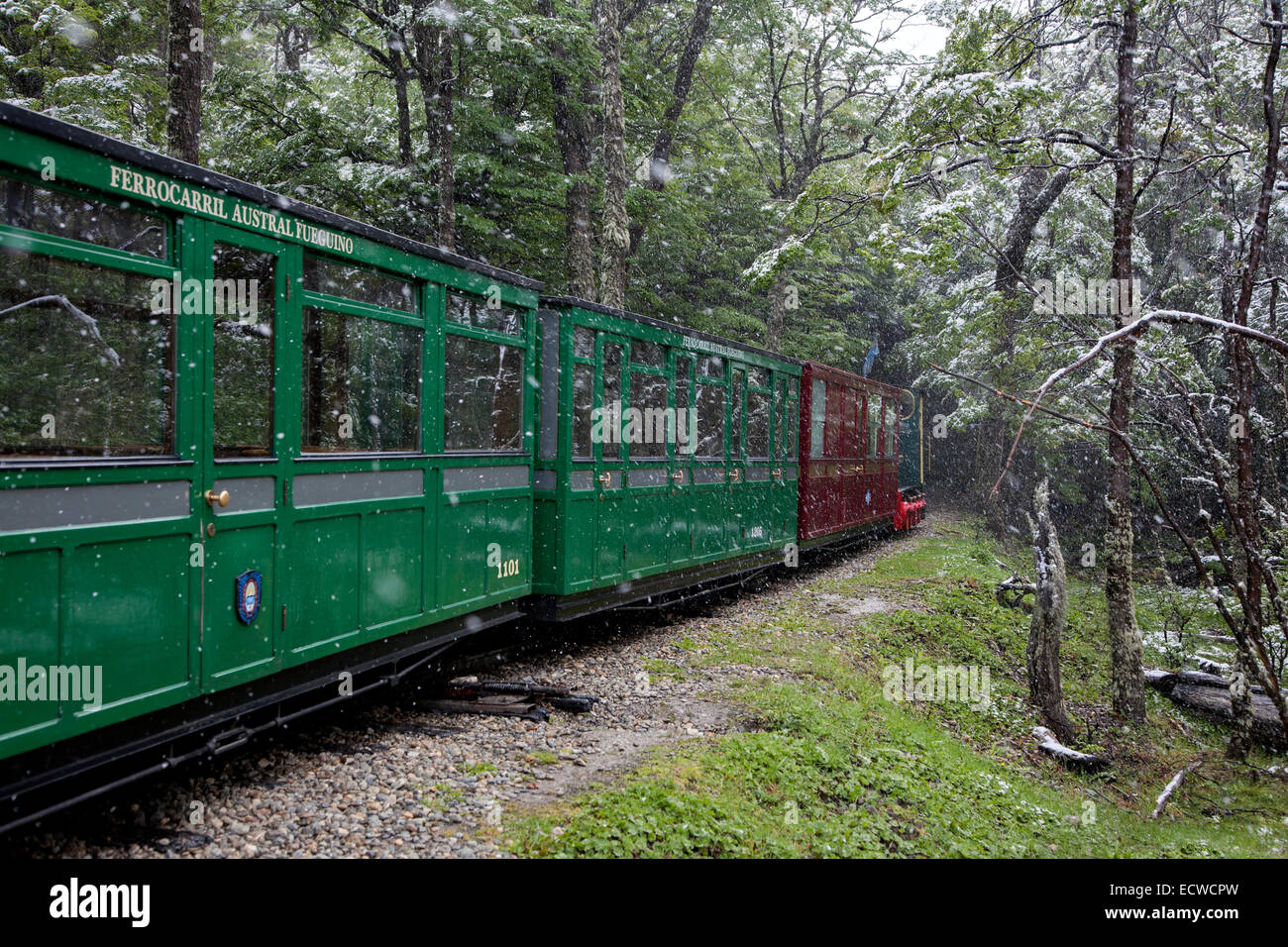 La fine del mondo in treno (stazione ferroviaria meridionale nel mondo). Tierra del Fuego National Park. Argentina Foto Stock