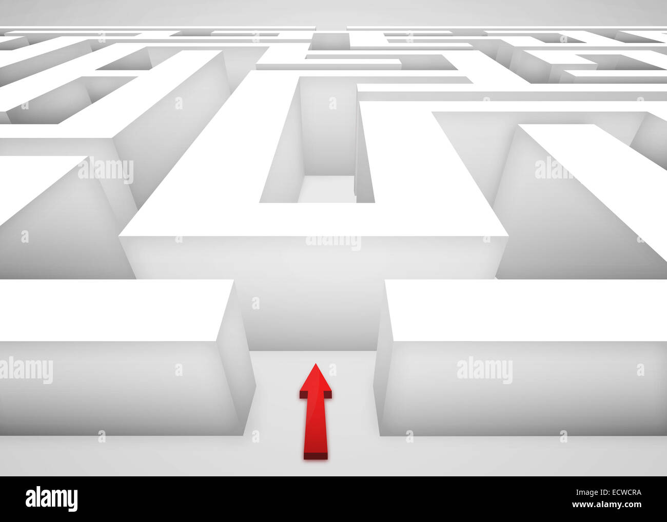 3D o labirinto labirinto e una freccia rossa all'ingresso. Il concetto di business di sfide e scelte in anticipo. Foto Stock