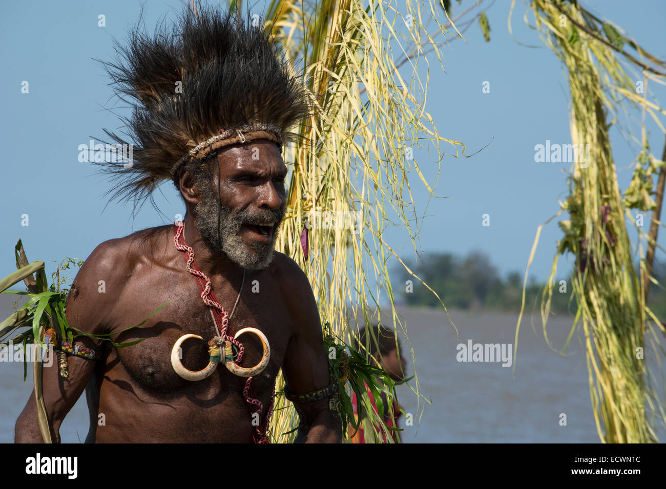 La Melanesia, Papua Nuova Guinea, fiume Sepik area, villaggio di Kopar. Tipico sing-sing benvenuti danza. Foto Stock