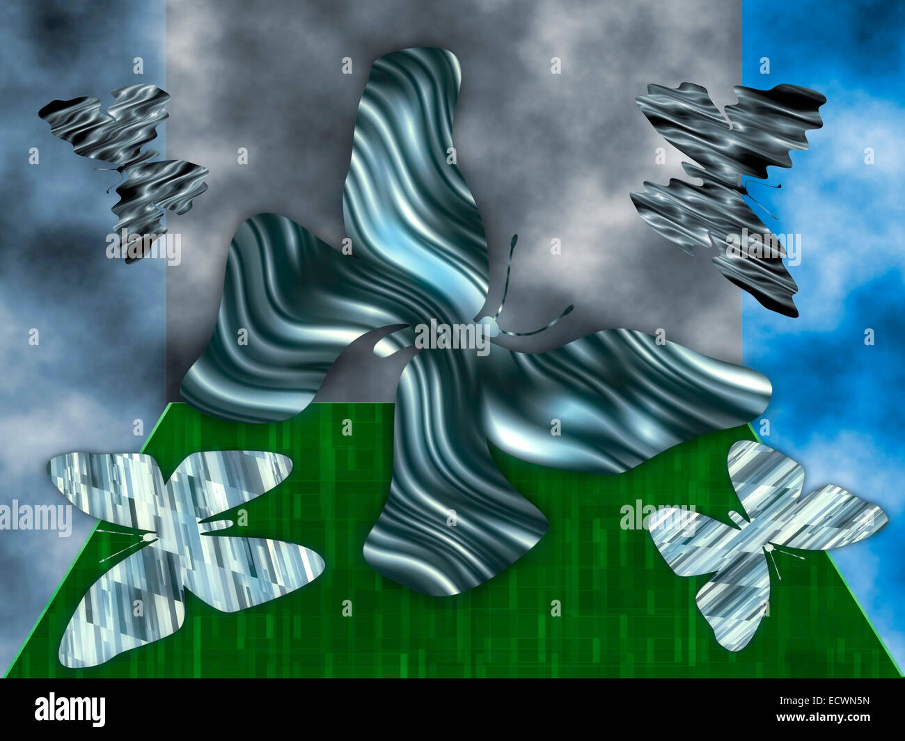 Farfalle in un riquadro di illustrazione digitale di cinque farfalla colorata sagome delimitata da cinque sfondi a tema Foto Stock