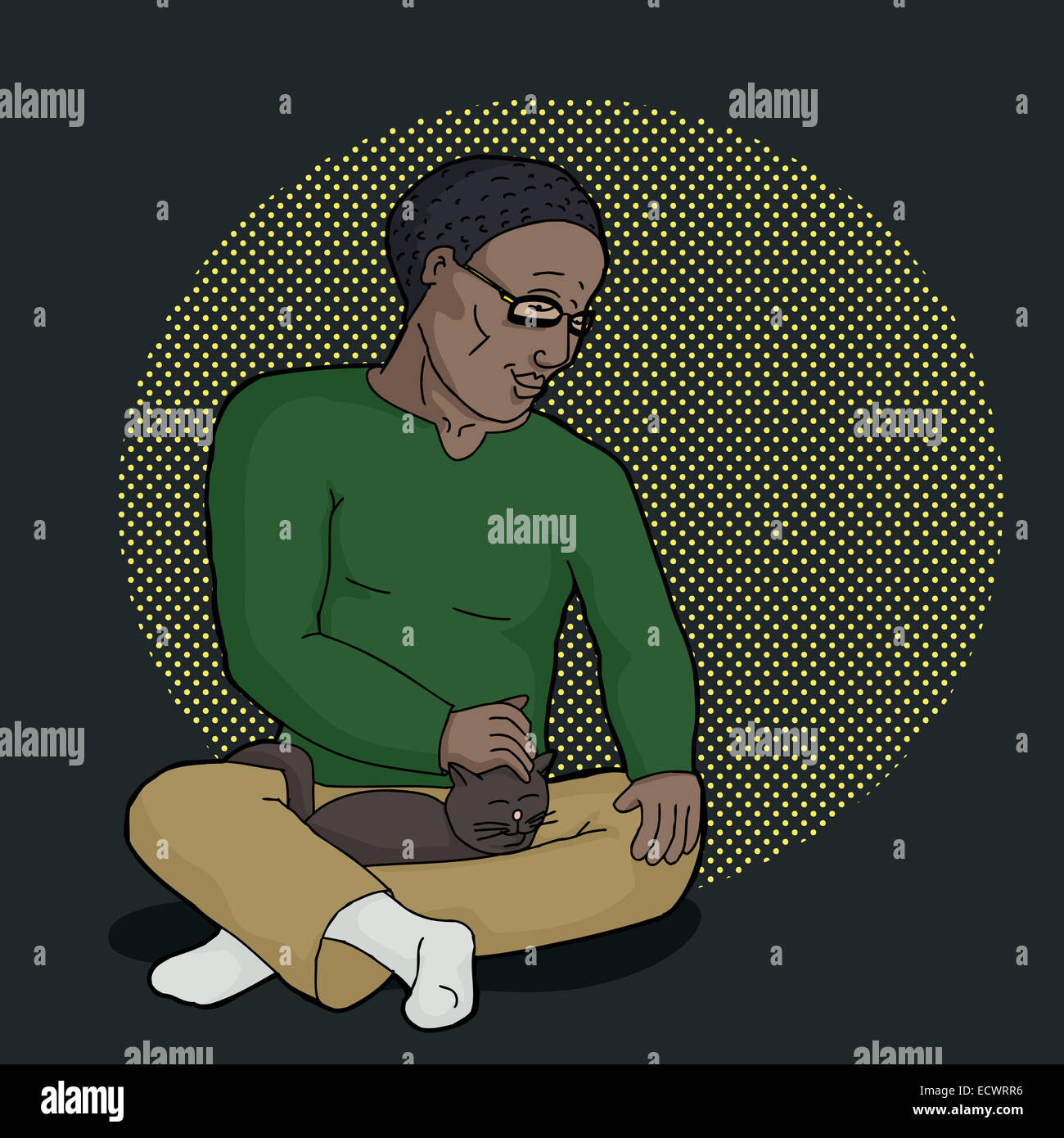 Disegnata a mano cartoon dell uomo petting cat Foto Stock