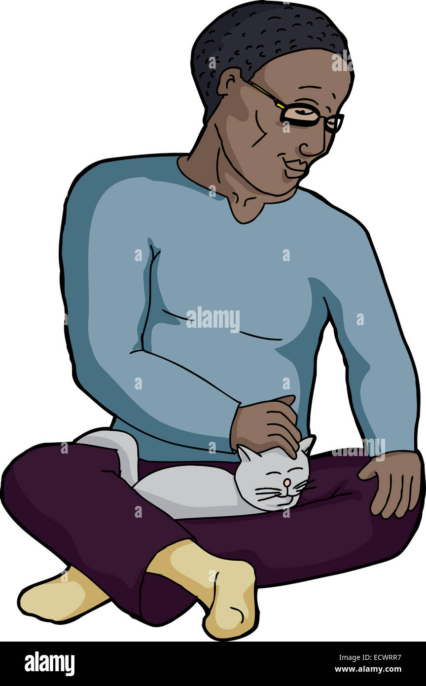 Singolo Uomo con occhiali petting Happy cat Foto Stock