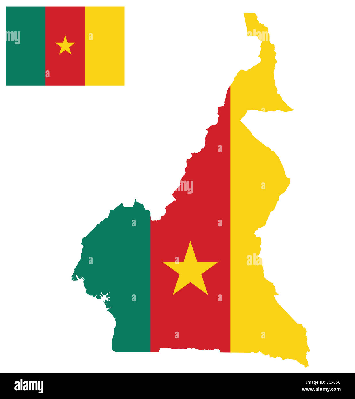 Bandiera della Repubblica del Camerun sovrapposto su dettagliata mappa di contorno Foto Stock