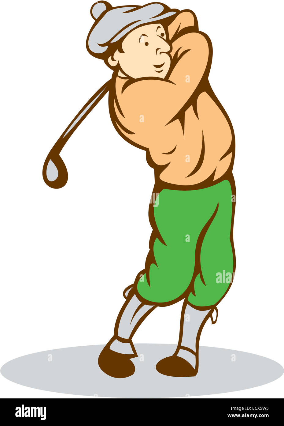 Illustrazione di un giocatore di golf golf club oscillante tee off set isolato su sfondo bianco fatto in stile cartoon. Foto Stock