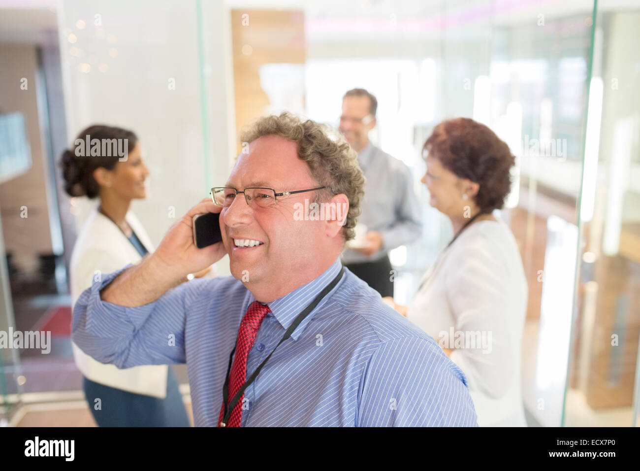 Imprenditore parlando al telefono cellulare, i colleghi in piedi in background Foto Stock