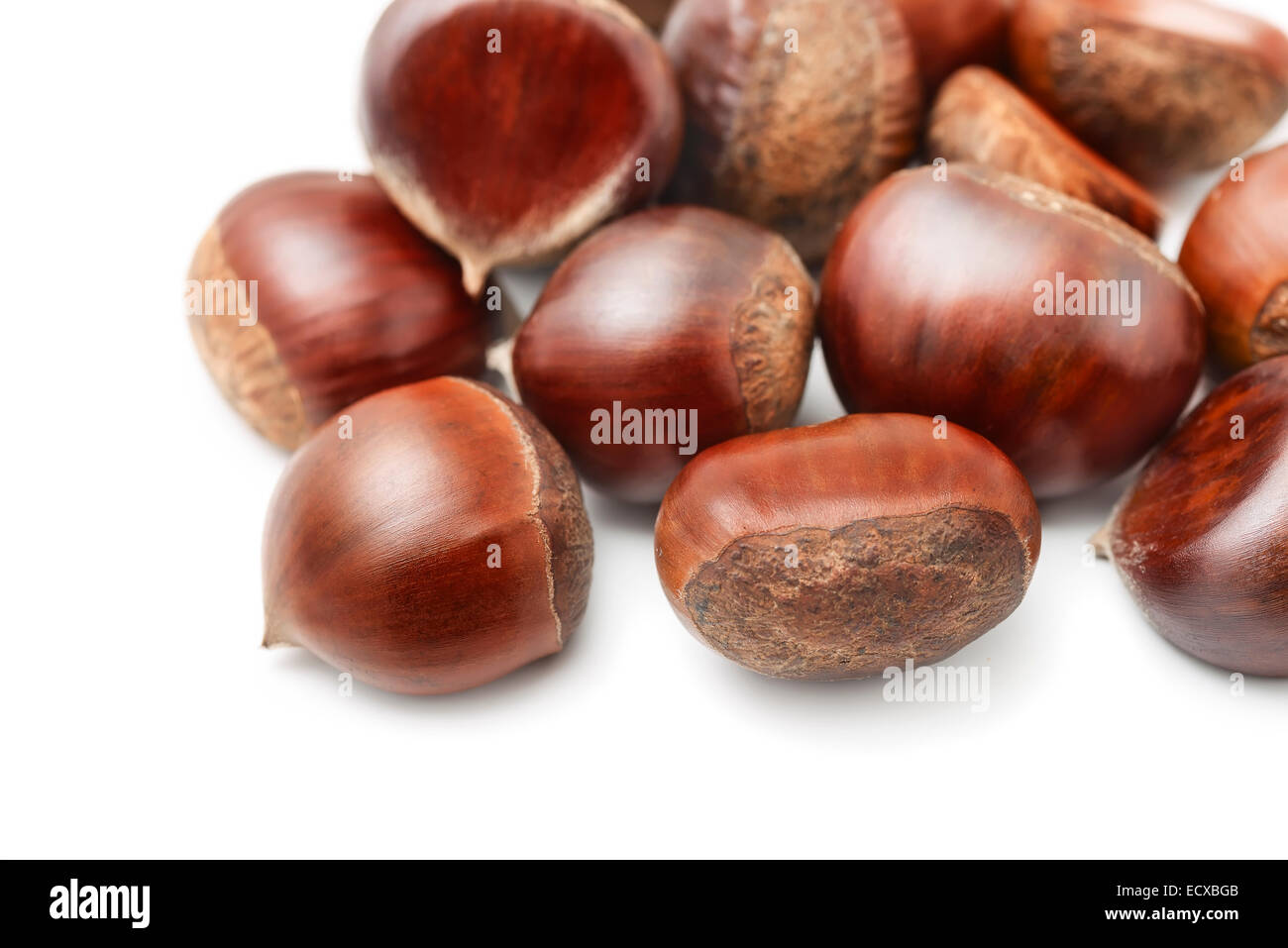 Close up di castagne fresche su bianco Foto Stock