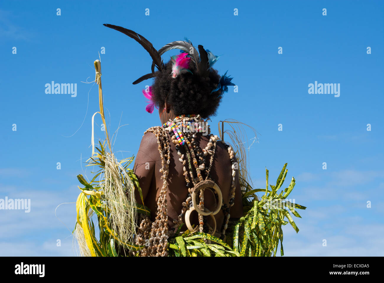La Melanesia, Papua Nuova Guinea, Tufi. Tradizionale benvenuto sing-sing danza con donna vestita di uccello tropicale piume. Foto Stock