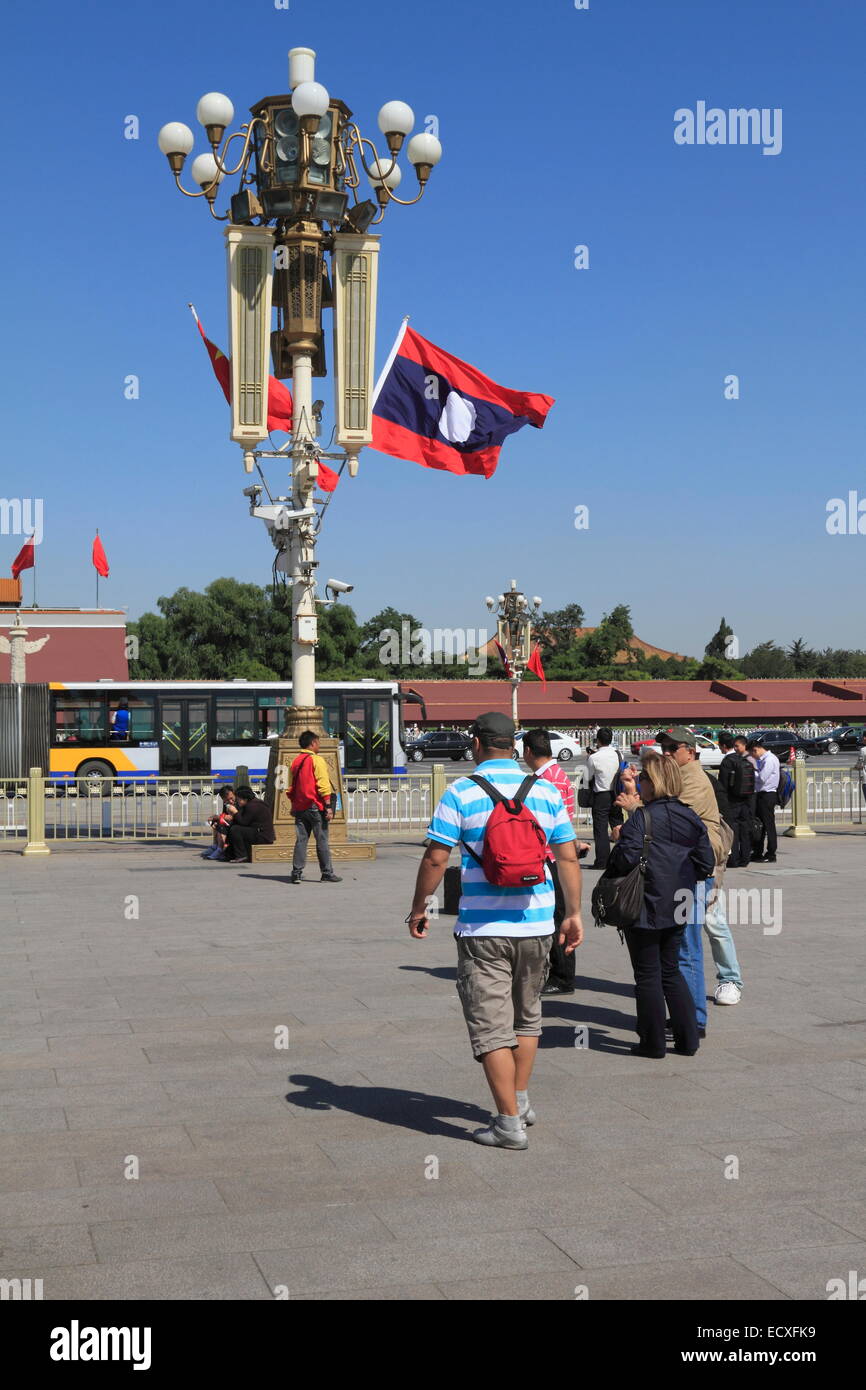 Laos bandiera su Flagstaff in piazza Tiananmen (luogo) Pechino, Cina Foto Stock