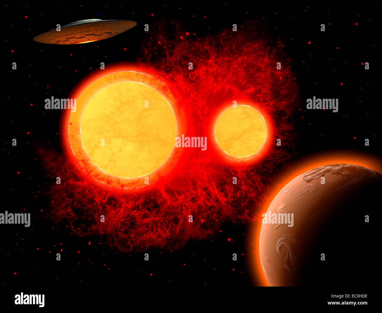 Un Flying Saucer nel sistema stellare binario di Zeta Reticuli. Foto Stock