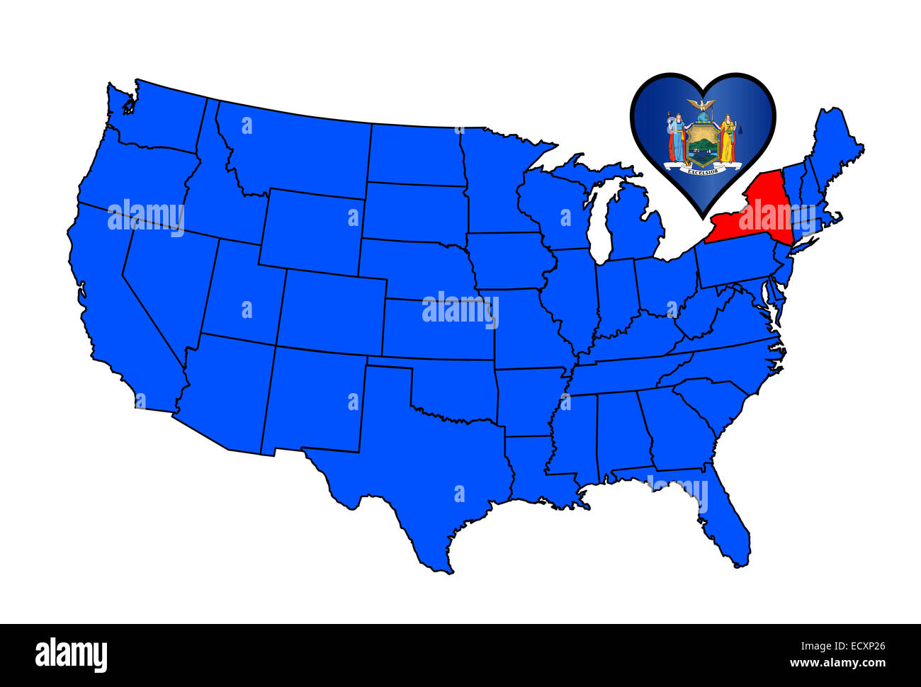 Il diametro esterno della mappa degli Stati Uniti d'America con lo stato di New York highlied in rosso con un cuore a forma di bandiera di stato. Foto Stock