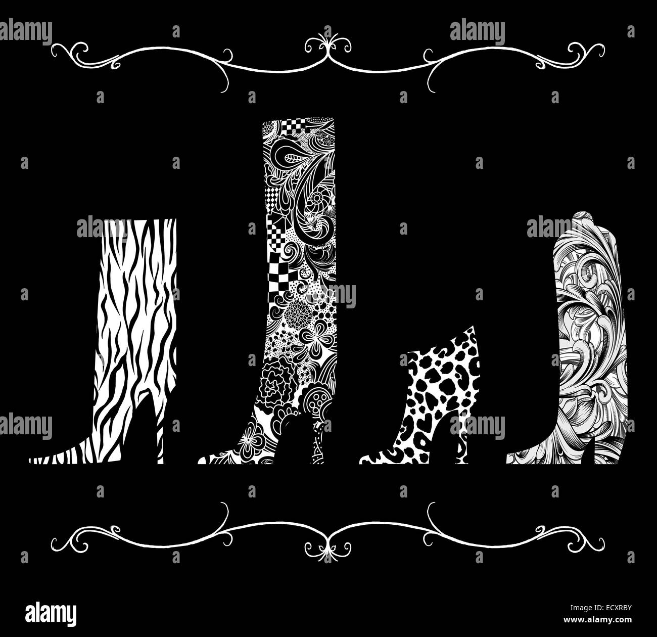 Disegno a inchiostro di quattro stivali di moda in una riga Foto Stock