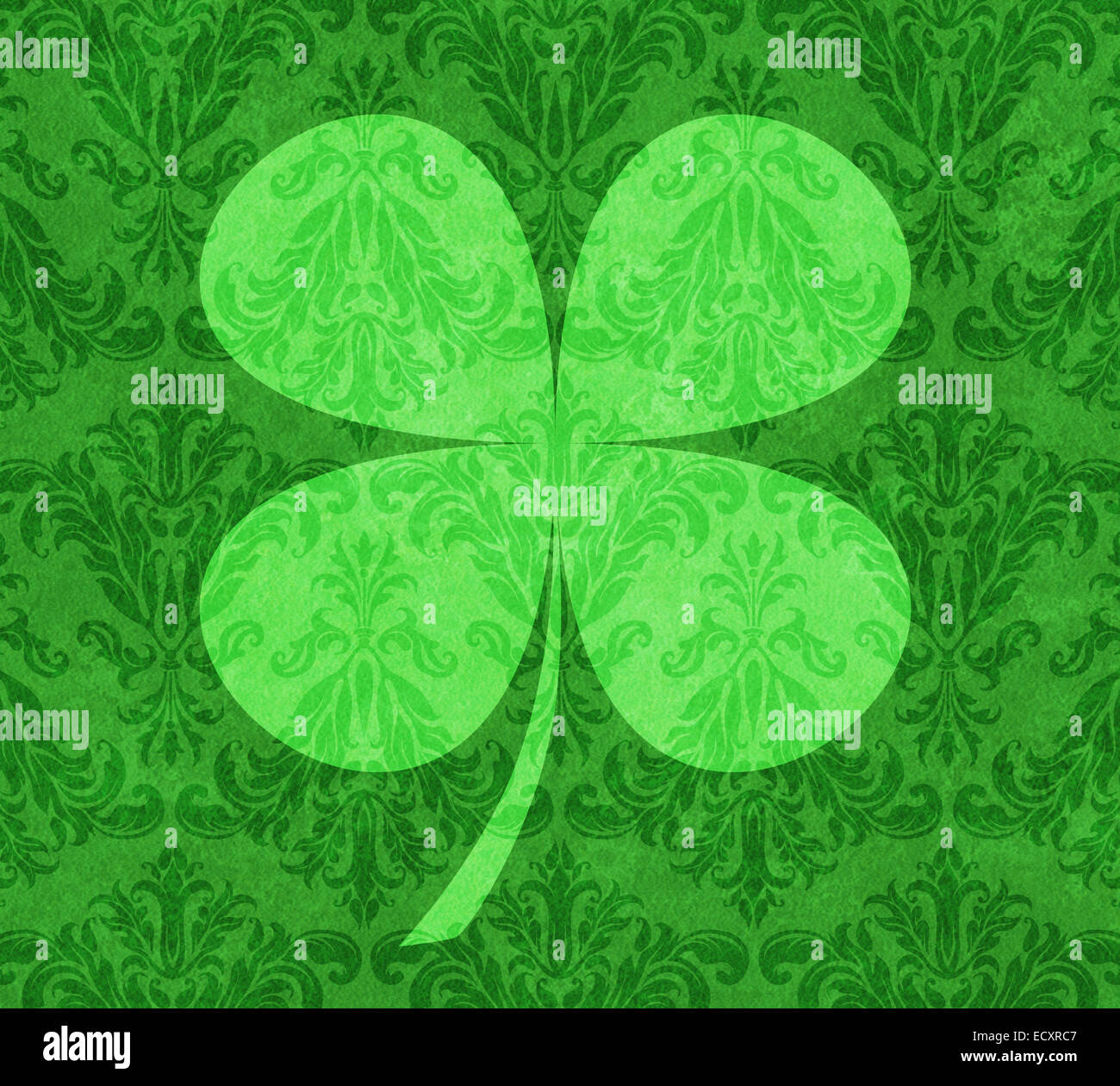 Quadrifogli su uno sfondo di damasco verde Foto Stock