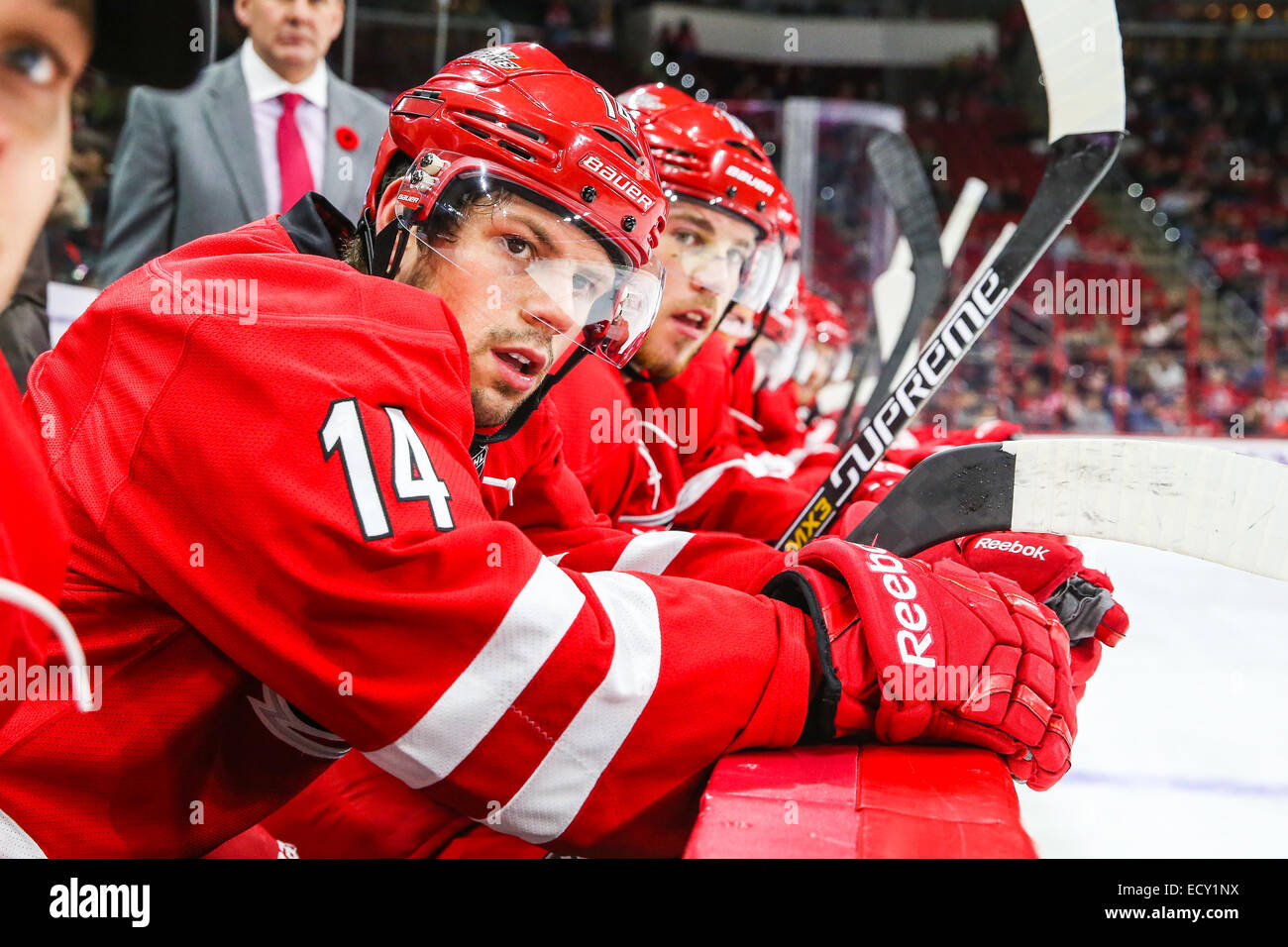 Carolina Hurricanes ala sinistra Nathan Gerbe (14) durante il gioco NHL tra le fiamme di Calgary e Carolina Hurricanes al PNC Arena. Carolina Hurricanes sconfisse le fiamme di Calgary 4-1. Foto Stock