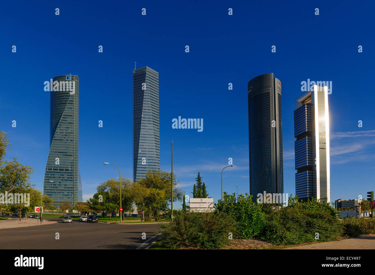 Cuatro Torres, quattro torri, la Torre de Cristal, Torre Bankia, Torre PWC e Torre Espacio, Madrid, Spagna Foto Stock