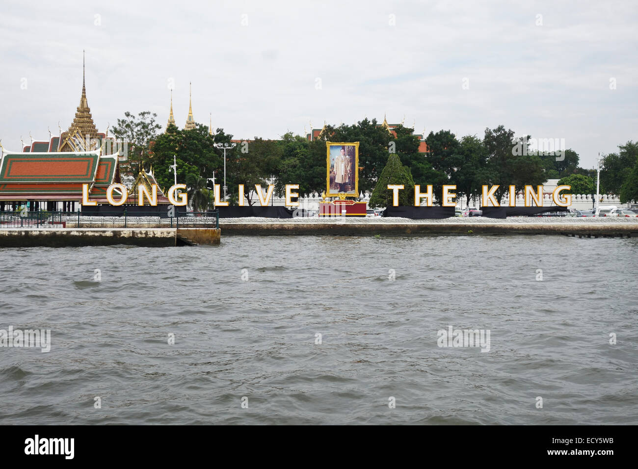 Re Bhumibol Adulyadej sul display per il re del giorno a Bangkok lungo il Fiume Chao Phraya, Thailandia, Sud-est asiatico. Foto Stock