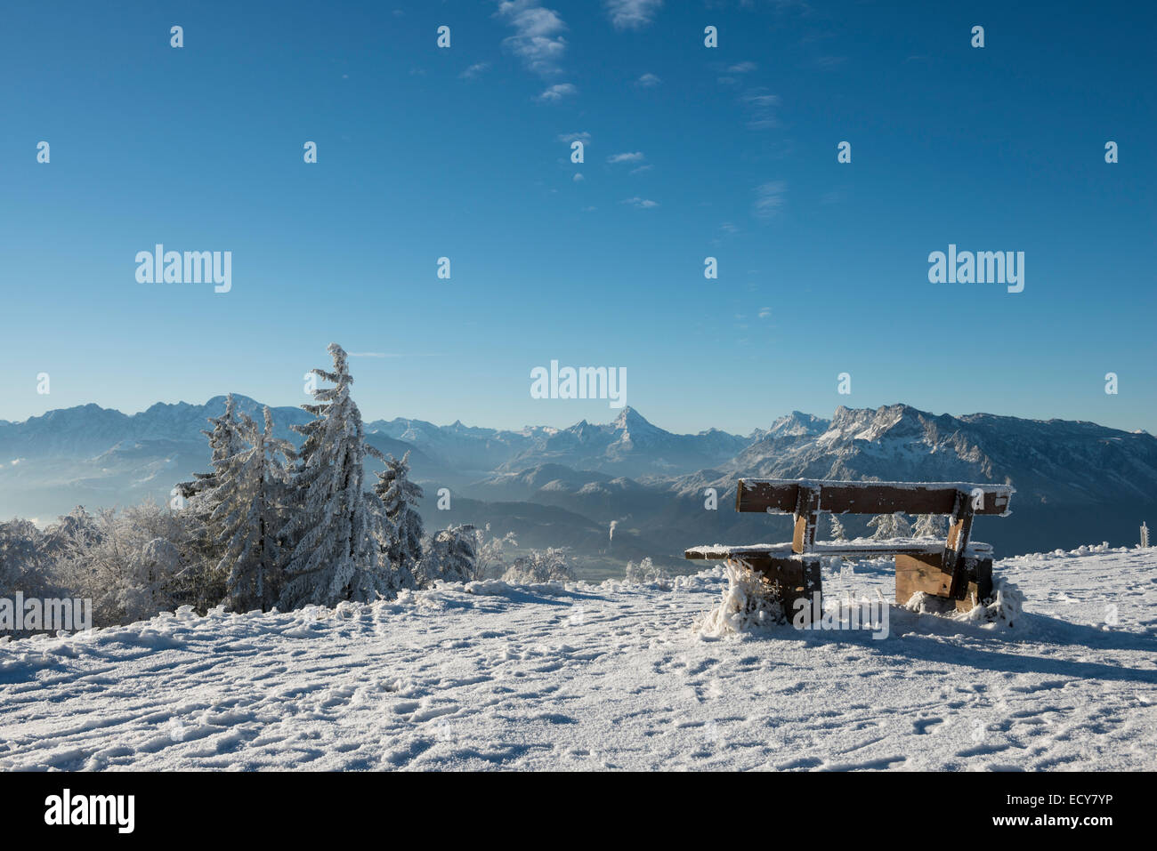 Coperte di neve bancone di panorama alpino, posteriore sinistro Hoher Göll, centro posteriore Watzmann, posteriore destra Unterberg, Gaisberg Foto Stock