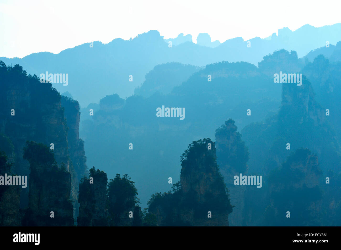 Silhouette di 'Avatar' montagne, Zhangjiajie National Park, nella provincia del Hunan, Cina Foto Stock