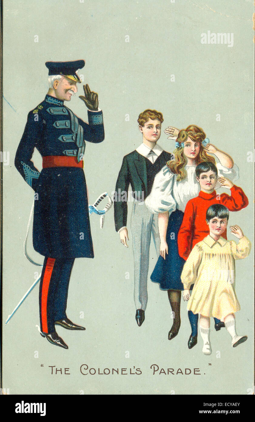 Cartolina Chromolithographed intitolata 'la parata del colonnello' circa 1905 Foto Stock