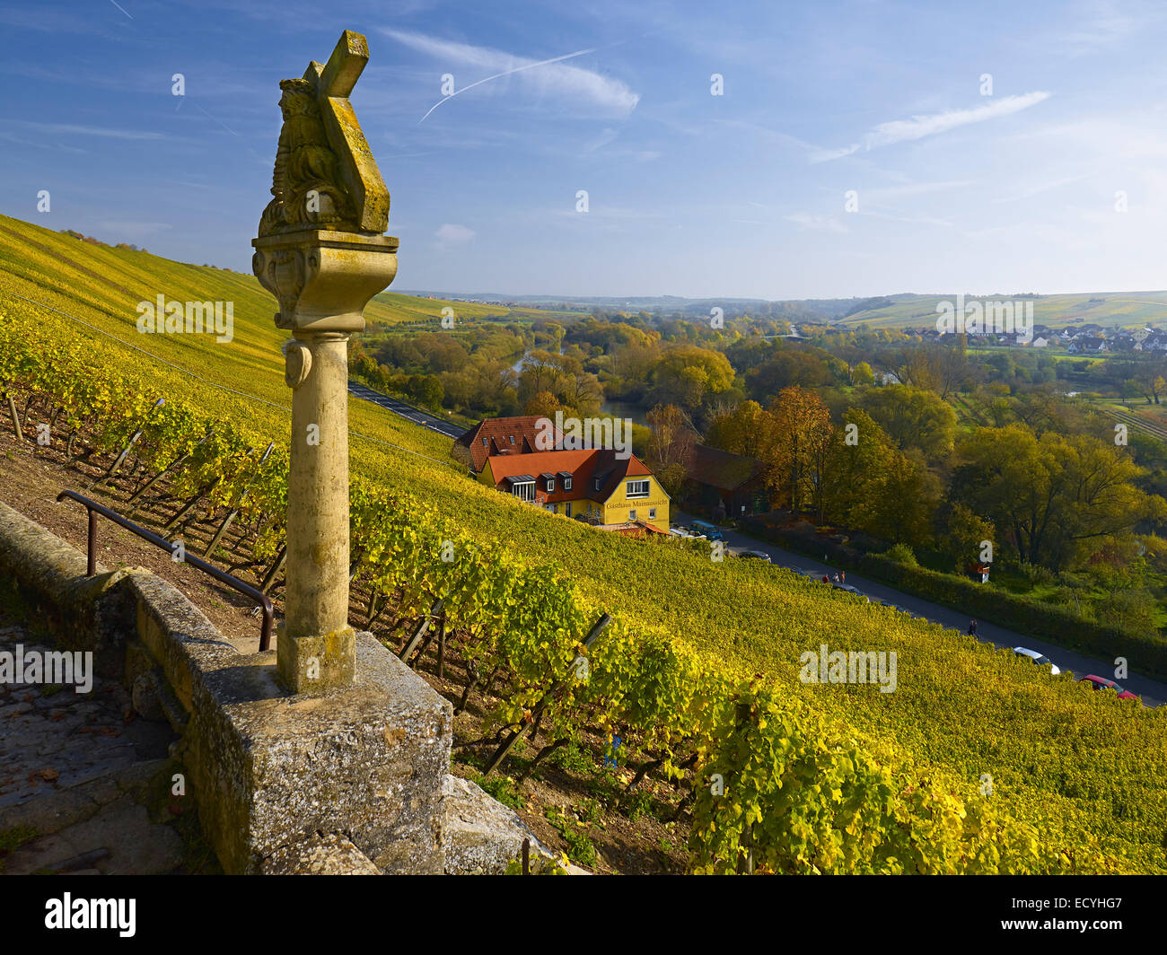 Le stazioni della Croce nei vigneti a Escherndorf, Baviera, Germania Foto Stock