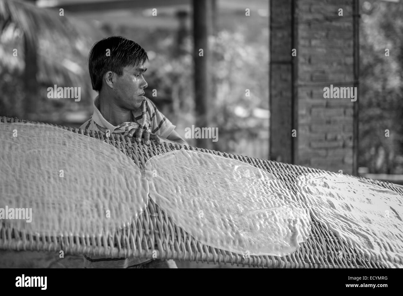 Famiglia vietnamita che lavorano nel loro piccolo home fabbrica di carta di riso e spaghetti di riso e la loro essiccazione su rack di bambù. Foto Stock