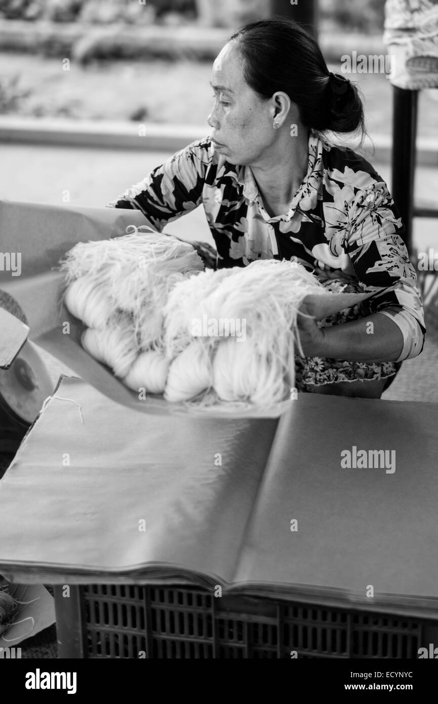 Donna vietnamita di imballaggio spaghetti di riso nella piccola fabbrica di casa che la sua famiglia corre rendendo la carta di riso e le tagliatelle nel Delta del Mekong del Vietnam. Foto Stock