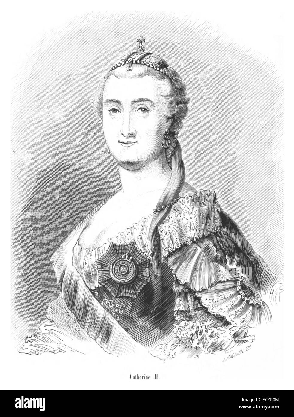 Questo ritratto, creato da L. Facnion, raffigura Caterina II, nota anche come Caterina la grande, l'imperatrice di Russia. L'immagine cattura la sua presenza regale ed è una rappresentazione storica di uno dei governanti più importanti della Russia. Foto Stock