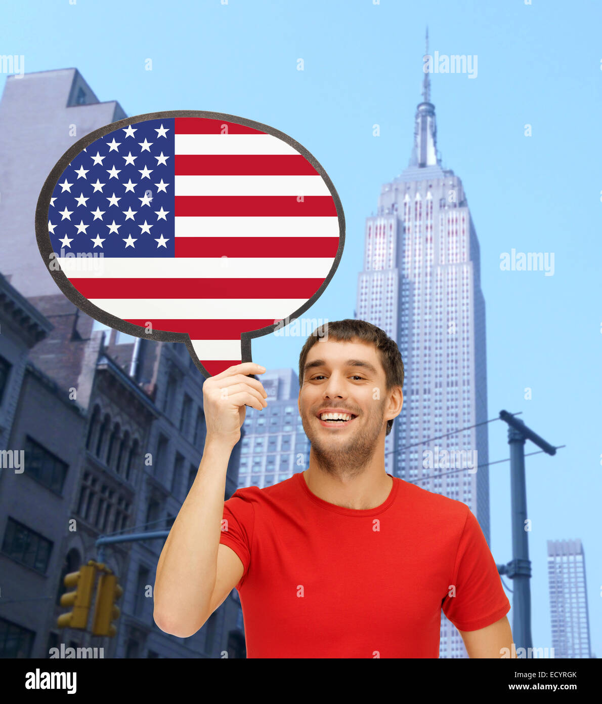 Uomo sorridente con bolla di testo della bandiera americana Foto Stock