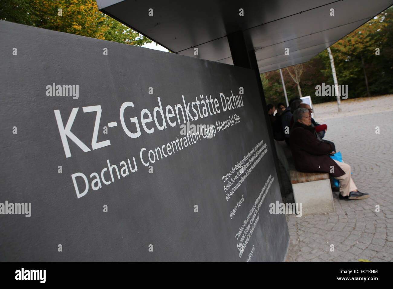 Pro-memoria del campo di concentramento di Dachau segno Foto Stock