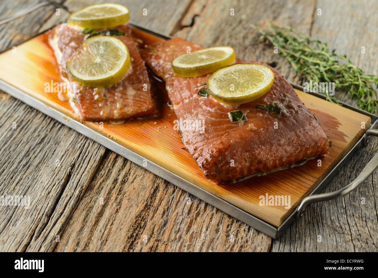 Salmone alla griglia cotta su di un legno di cedro Foto Stock Salmone alla griglia cotta su di un legno di cedro Foto Stock
