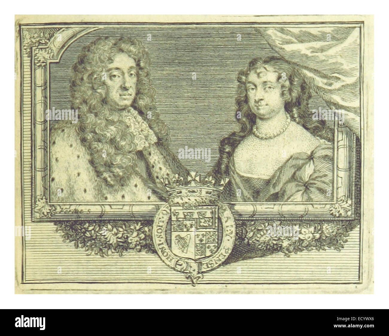 Questa illustrazione del 1760 di Dryden raffigura re Carlo II d'Inghilterra con Louise de Kerouaille, duchessa di Portsmouth. L'immagine cattura un momento nella loro relazione storica, riflettendo le dinamiche politiche e personali del tempo. Foto Stock