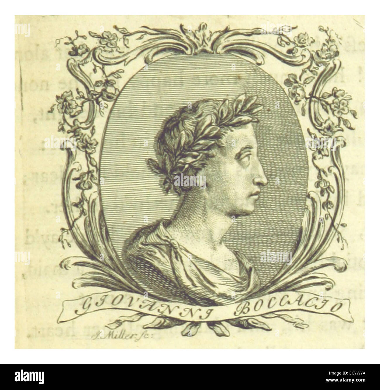 Questa illustrazione del 1760 tratta dall'opera di Dryden raffigura Giovanni Boccaccio, il celebre scrittore e poeta italiano meglio conosciuto per il suo libro *il Decameron*, un'opera significativa nella letteratura medievale. Foto Stock