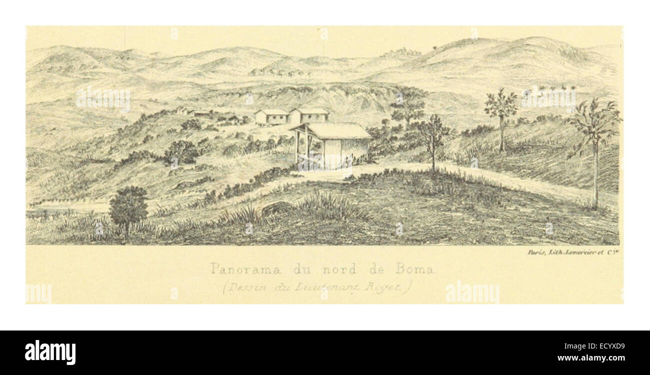 Un panorama del 1889 del nord di Boma, situato nella Repubblica Democratica del Congo, che mostra la geografia e le caratteristiche principali della regione durante l'era coloniale. Foto Stock