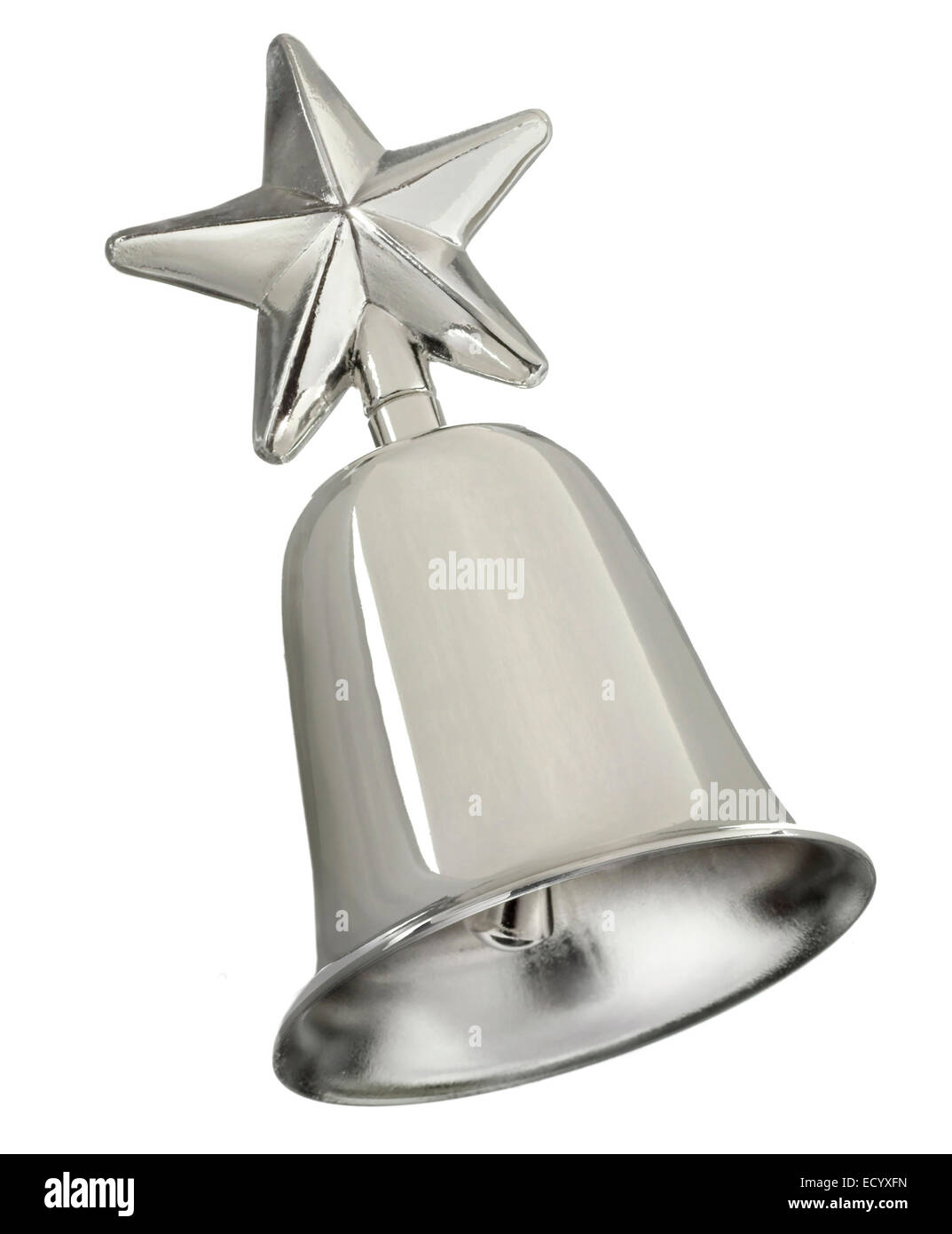 Argento campana di natale con una stella sulla sommità fotografato su sfondo bianco Foto Stock