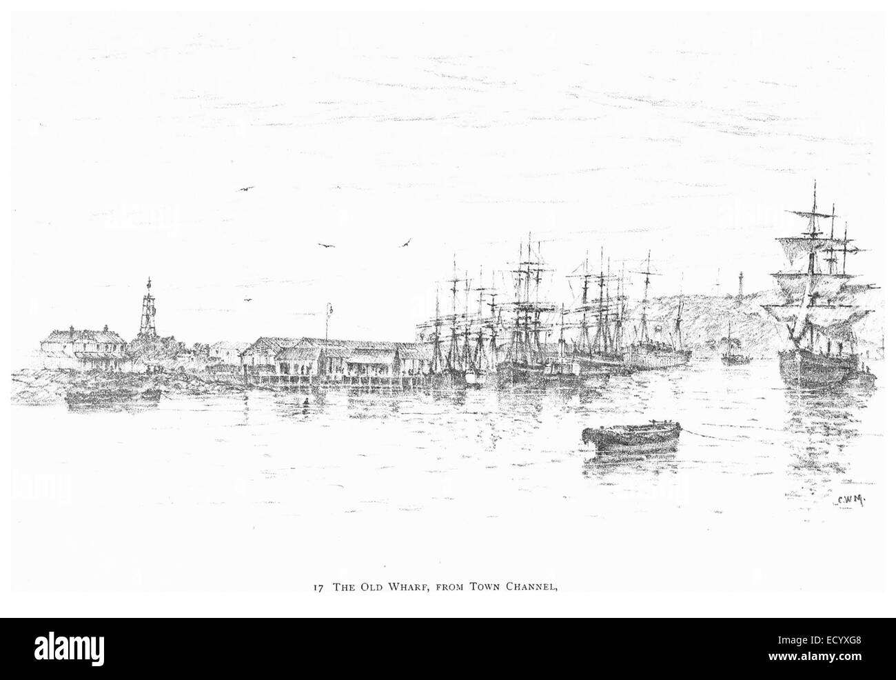 Un'illustrazione del 1891 del vecchio molo di Durban, visto dal canale cittadino. L'immagine cattura il significato storico e marittimo dell'area, concentrandosi sul ruolo del porto nel commercio e nei trasporti durante la fine del XIX secolo. Foto Stock