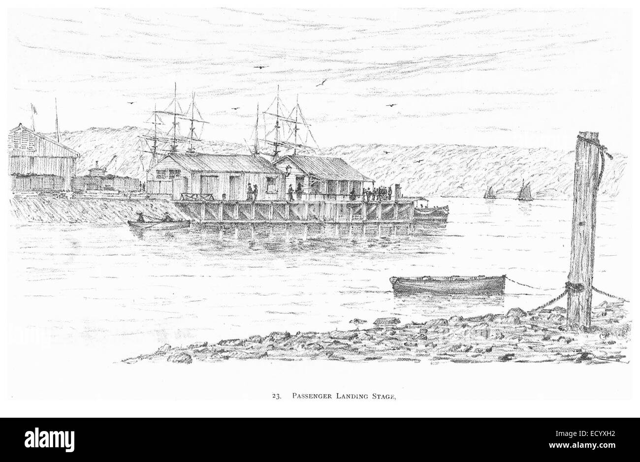 L'illustrazione di Durban del 1891 mostra il piano di atterraggio dei passeggeri, un punto chiave per il commercio marittimo e i viaggi nel tardo XIX secolo. Mette in evidenza il ruolo della città come porto per le navi che arrivano da varie destinazioni globali. Foto Stock