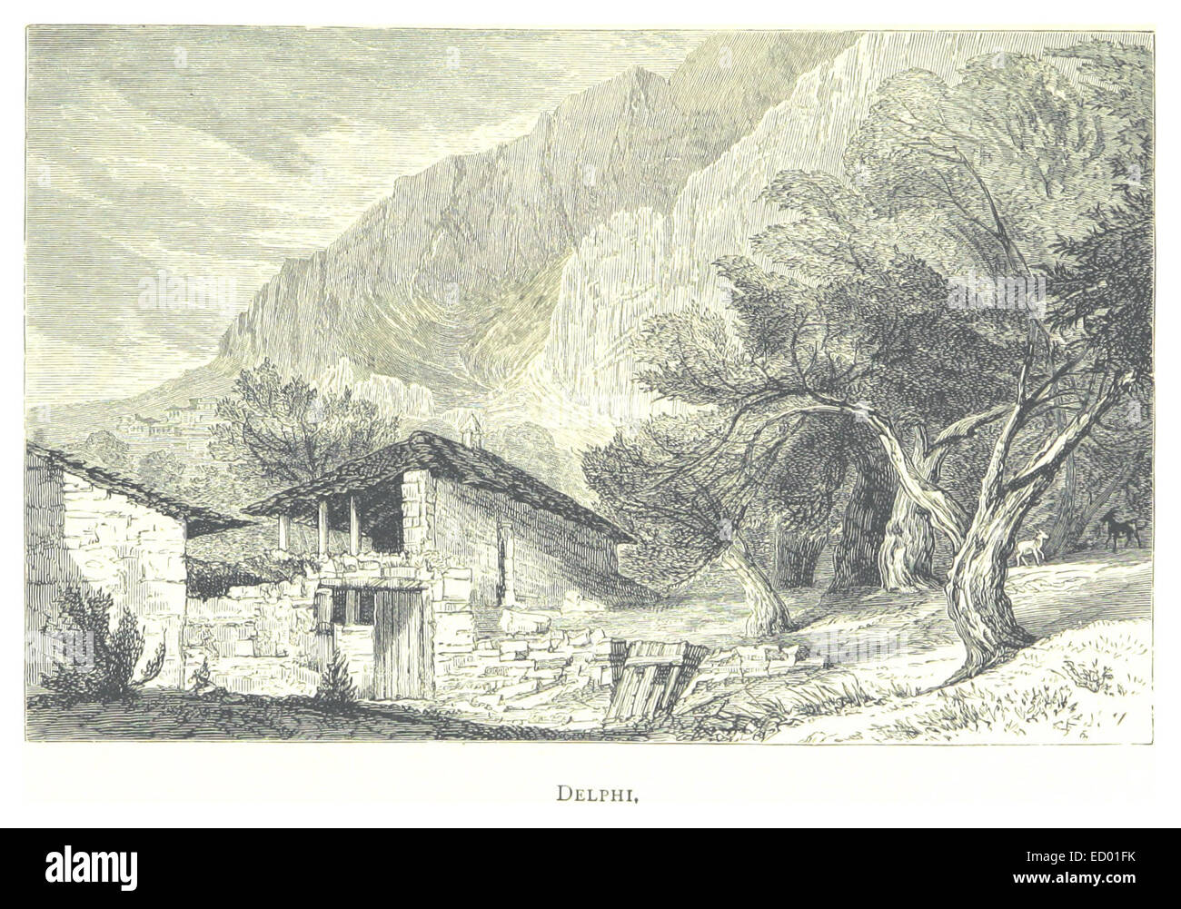 Questa illustrazione del 1882 di Farrer ritrae le antiche rovine di Delfi, mostrando il significato storico e archeologico del sito nell'antica Grecia. Foto Stock